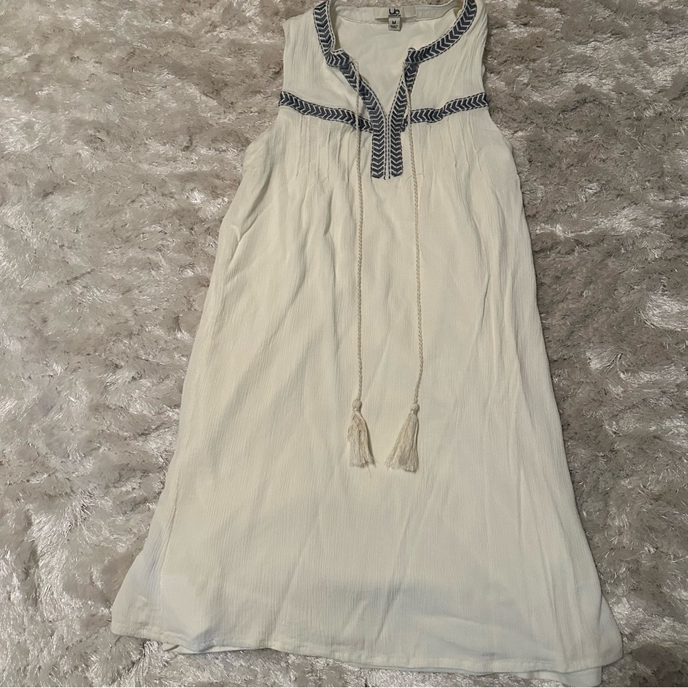 Boho Woman’s embroidered off white gauze like fabric tassel dress with lining